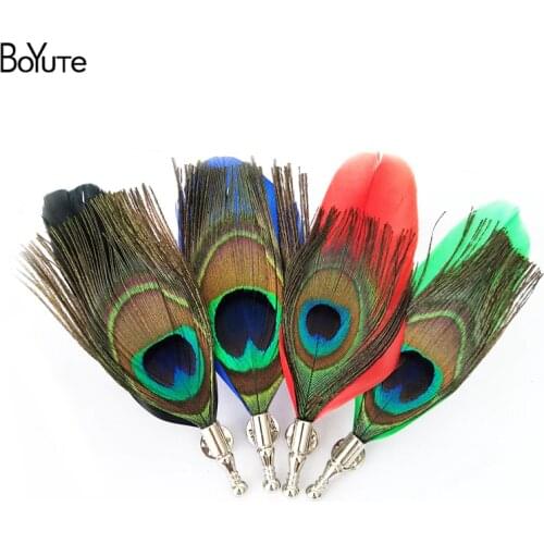 BoYuTe (5 Pieces/Lot) 12.5*4.5CM 5 Colors Fashion Peacock Feather Brooch Jewelry for Men Wedding Suit