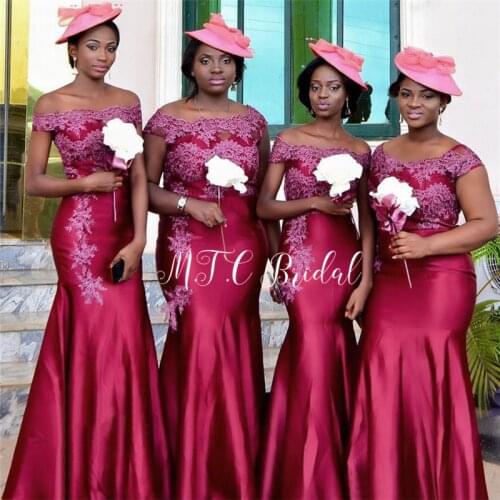 New 2019 African Bridesmaid Dresses Burgundy Satin Appliques Mermaid Long Wedding Party Gowns Custom Made Maid Of Honor Dress