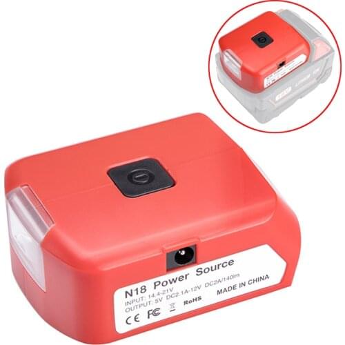 Battery Adapter For Milwaukee 18V M18 Battery Power Source with Dual USB 5V/2.1A DC Port 12V/2A LED Light For Heated Jacket