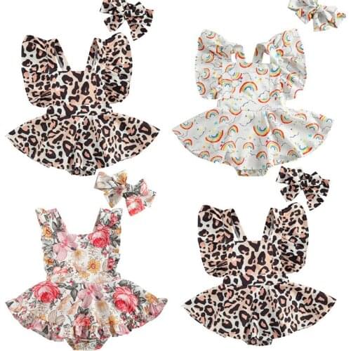Princess Baby Girls Romper Dress Ruffles Sleeveless Backless Rainbow/Leopard/Flower Print Jumpsuit Dress+Headband Sunsuits