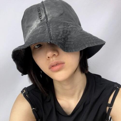 HYEIN SEO 21SS Spring/Summer Washed Grey Embroidered LOGO Canvas Wide-brim Fisherman Hat