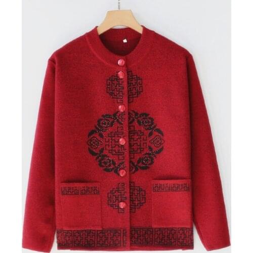 Middle-aged Mom Women Sweater Wear Round Neck Single Breasted Knit Sweater Ladies Cardigan Jacket Casual Sweater Coat Chinatown