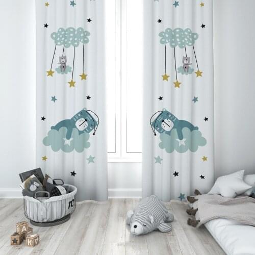 Curtains Children 3D Printed Decorative Items Home Childrens Room Sleeping Bear Cloud Stars Model 107