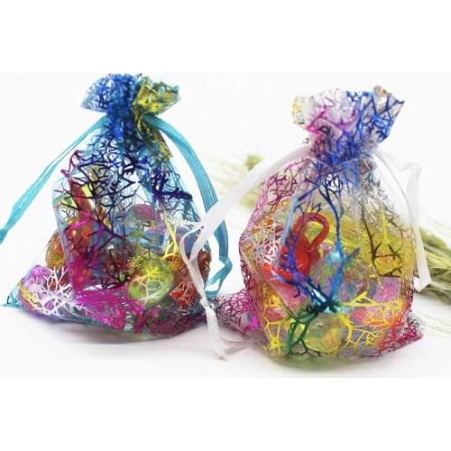 Jewelry Pouch Organza Bag Drawstring Wedding Party Candy Gift Christmas Bags Net Yarn Coral Pattern Earring Display Storage Bag