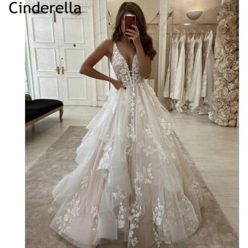 Wedding Dresses Champagne V-Neck Sleeveless Sweep Train Tulle Lace Applique Wedding Dresses With Lace Up Back vestido de noiva