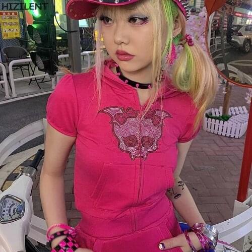 Gothic Punk Rhinestone Skull zip up hoodie Y2K Fashion Long Sleeve Black Sweatshirts Autumn Outfits Tops grunge clothes Jacket