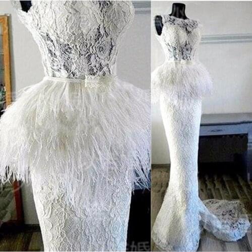 Vintage Lace Feather Mermaid Evening Dresses 2021 Saudi Arabic Long Prom Gowns Pearls On Waist Formal Party Dress Custom Made