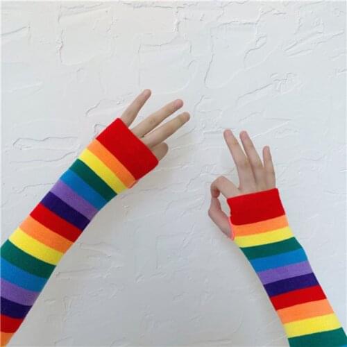 Women Girl Harajuku Elbow Length Fingerless Arm Sleeve Warmer Rainbow Colored Striped Knitted Sunscreen Halloween Costume Gloves