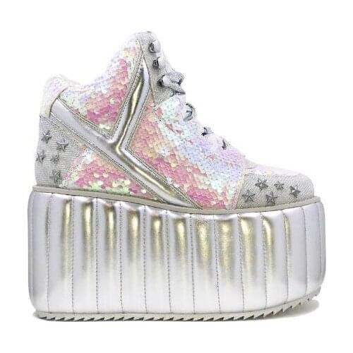 New Girls Retro 9 cm Height Increasing Thick Sole Platform Wedge Shoes Woman Lace Up Round Toe Sequins Stars High Top Sneakers