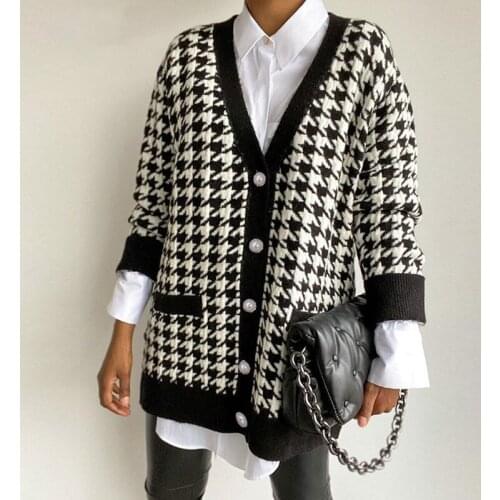 Houndstooth Knit Cardigan Womens Fall Winter 2021 New V-neck Long Sleeve Single-breasted Loose Sweater Knitwear Tops