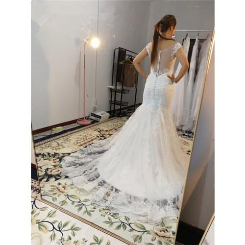 New Vestidos de noiva 2020 Mermaid Wedding Dress with Illusion Back Beading Tulle Applique Perals Bridal Gowns vestidos de novia