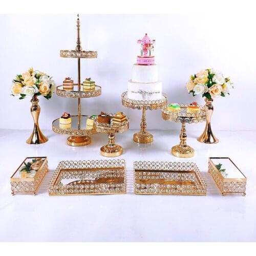 10pcs Crystal Metal Cake Stand Set Acrylic Mirror Cupcake Decorations Dessert Pedestal Wedding Party Display Tray