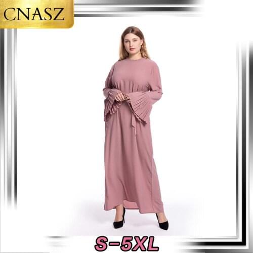 2020 Elegant Fashion Plus Size New Womens Round Neck Pleated Stitching Flared Sleeves Slim Dress Ladies Long Sleeve Dress