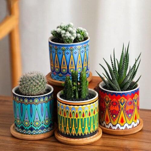 4pcs/set Cylindrical Succulent Planters Mini Ceramic Flower Pot Mandala Pattern Bonsai Planter Pots For Home Office Decorations