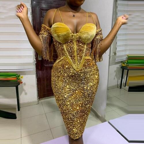 Glitter Short Gold Evening Dresses Sequin Cap Sleeves Sheath Custom Made Velvet Aso Ebi Prom Gowns Plus Size Lace-up Back