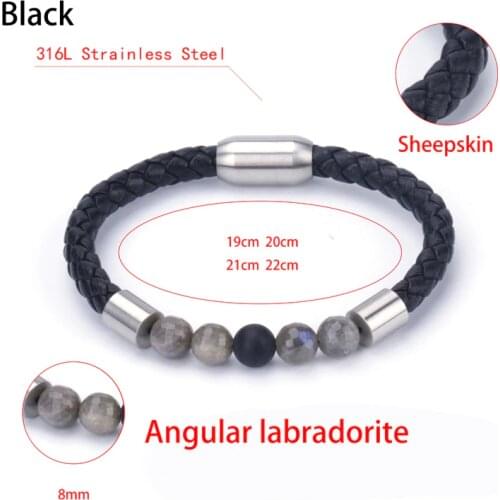 8mm Labradorite Onyx Semi Precious Stone Bead Stainless Steel Charms Macrame Genuine Leather Unisex Bracelet Bangle