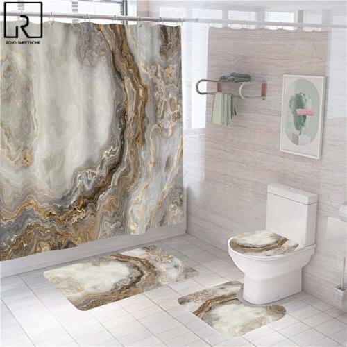 Black White Marble Line Print Polyester Shower Curtain with Hook Toilet Lid Cover Bath Mat Set Carpet Rugs Modern WC Accessories