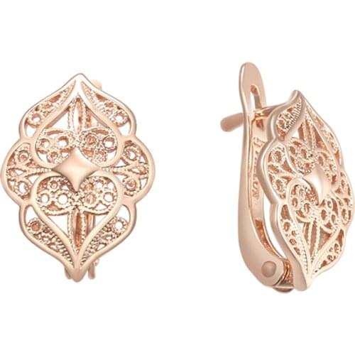 FJ Women Big Wide 585 Rose Gold Color Rhombus Hollow Flowers Dangle Drop Earrings