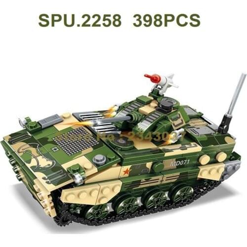 K0130 398pcs Military Army Zbd-03 Airborne Chariot Pull Back Tank 2 Dolls Building Blocks Toy