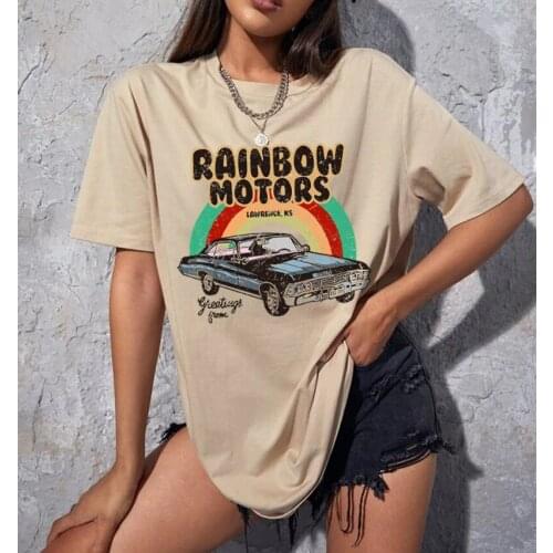 Classic Rainbow Motors T Shirt for Women 100% Cotton Tshirt Urban Tee Tops Short Sleeves Antique Car T-shirt Fit Clothing Gift