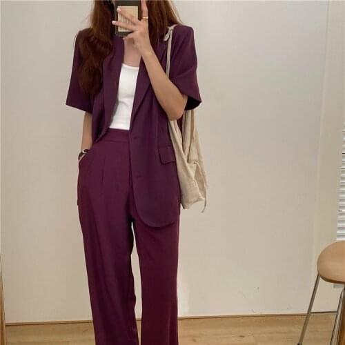 2020 New Women Blazer Pants Suit OL Elegant Office Lady Loose Solid Short Sleeve Blazers + Pants Suits 2 Piece Sets