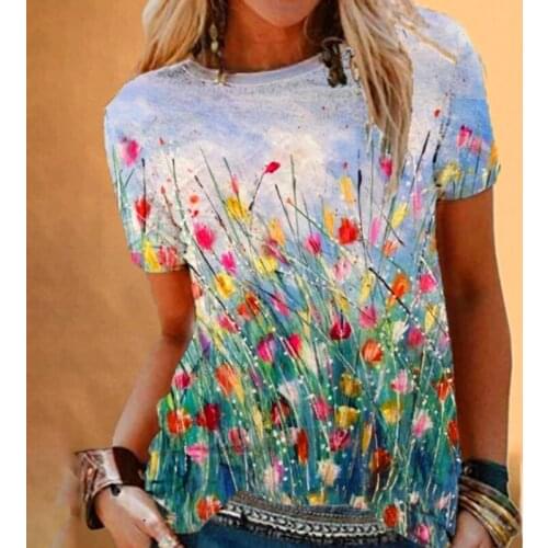 Summer T Shirt Flowers Tree Printed O Neck Causal Female Short Sleeved Loose T Shirt Ladies Tree Tops