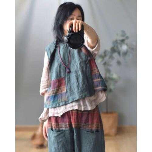 Women Loose Patchwork Linen Vest Ladies Spring Summer Spliced Retro Sleeveless Tops Female 2020 Spring Summer Vests