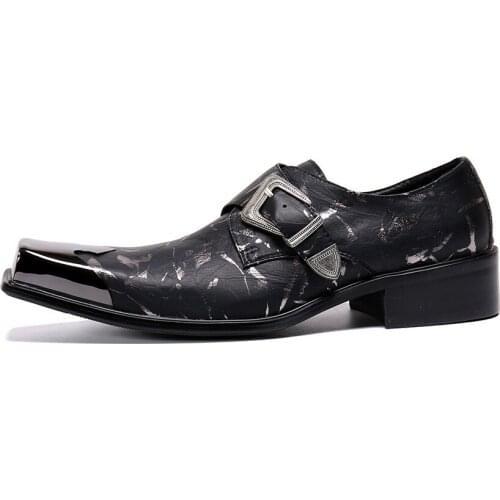 New Summer Casual Mens Classic Fashion Shoes Breathable Square Toe Metal Personality Cowhide Leather Mens Shoes