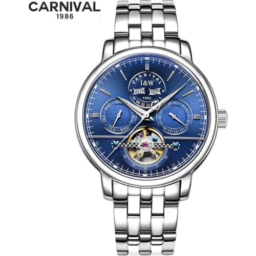 Switzerland CARNIVAL Perpetual Calendar Mens Sport Watches Automatic Watch Steel Waterproof Tourbillon Watch with Date Day reloj