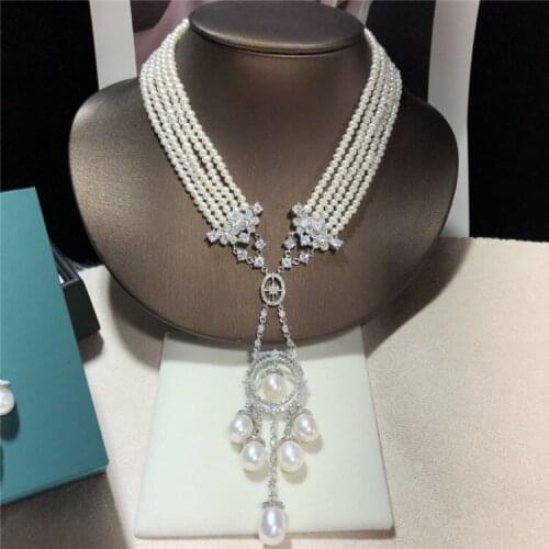 Micro inlay zircon clasp accessory 45-48cm 3-4mm white freshwater pearl necklace fashion jewelry