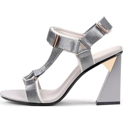 8.5cm high strange style heels round toe velcro pure color daily wear fashion classic concise women sandals HL341 MUYISEXI
