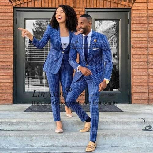 Hot Selling Plaid Mens Suits Two Piece Slim Fit Peaked Lapel Groomsmen Wear Custom Made Prom Dress Groom Tuxedos Wedding Suit