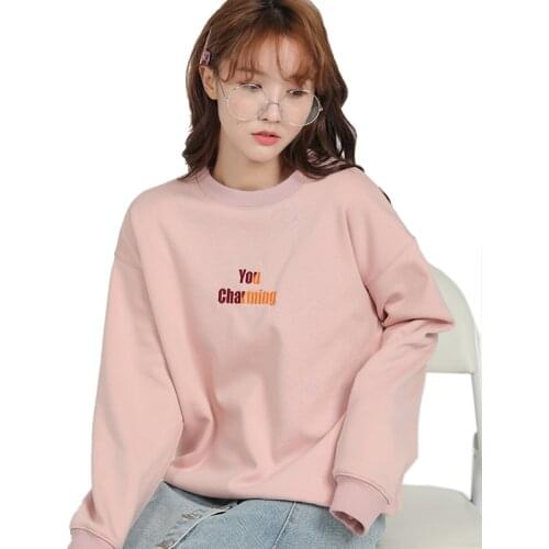Top womendress/Womens spring hoodie harajuku simple style small embroidered pattern long-sleeved sweatshirt warm with velvet