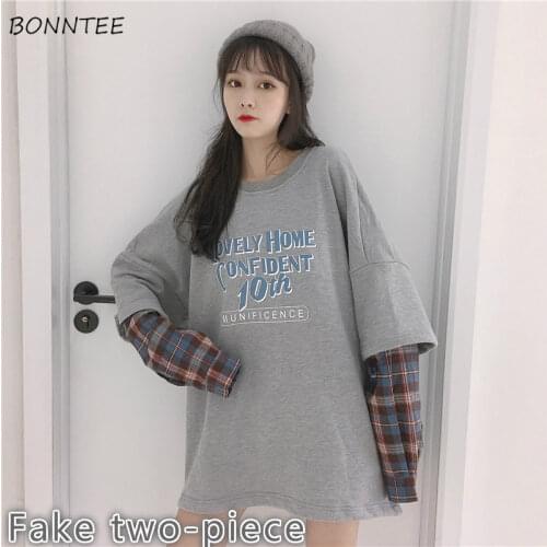 Hoodies Women 2020 Oversized Spring Chic Fashion Fake Two-piece Ulzzang Letter Womens Hoodie Plaid Harajuku Casual Femme Outwear
