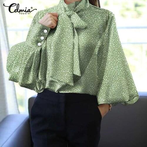 Women Tops and Blouses 2021 Celmia Vintage Printed Shirts Autumn Long Lantern Sleeve Elegant Office OL Casual Bow Tie Blusas 7