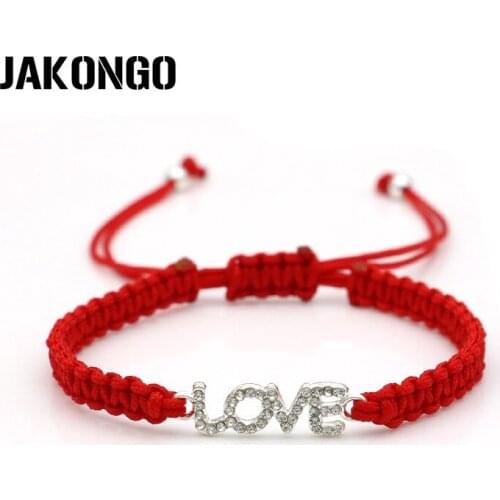 JAKONGO Crystal Love Words Charm Braided Bracelet Red Rope Bracelet for Women Men Adjustable Handmade Bracelet