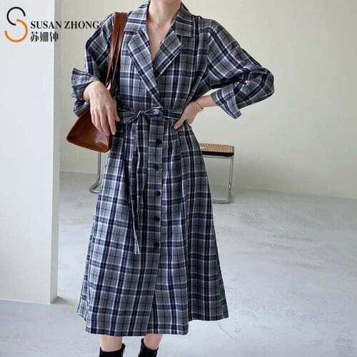 Women Long Shirt Dress Female One-Piece Check Pattern Notched Collar Button Cuff Single-Breasted Belt Vintage Autumn Winter