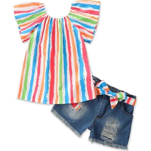 2021 1-6Y Fashion Kids Baby Girl Clothes Set Colorful Striped Print Short Sleeve T-shirt+Patch Denim Shorts With Belt 2pcs