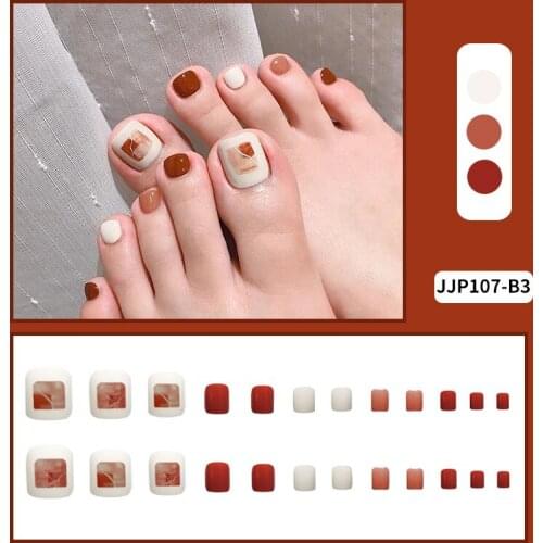 24pcs Pictorial Printed Toenail Patch Caramel Glue Type Removable Short Paragraph Fashion Manicure False Toenail Patch