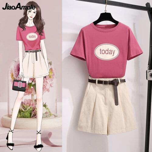 Large Size Womens Clothing Set Summer 2021 New Girls Student Leisure Loose T-Shirt Shorts Pants Suit Lady Letter Short Sleeve