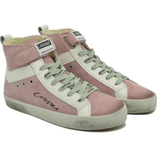 CANGMA Luxury Brand Italian Designer Women Casual Shoes High Top Sneakers Lace Up Pink Cow Suede Shoes Female Sneaker 2021