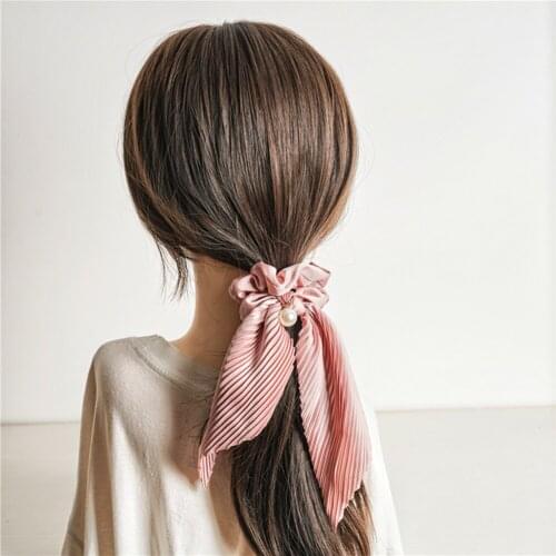 Elegant Pearl Colorful Bow Pleated Long Ribbon Ponytail Scarf Hair Tie Scrunchies Women Girl Elastic Hair Bands Hair Accessories