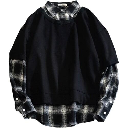 Hip hop Long Sleeve Fake Two-piece T Shirt Plaid Shirts Men Clothing Men Fashion 2021 New Oversized Tees Clothes Striped Tshirt