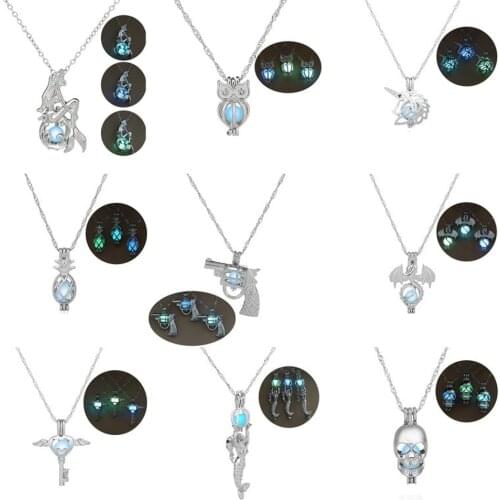 Hot Sale Halloween Gift Fluorescent Pendant Women Fashion Key Owl Gun Dragon Luminous Bead Cage Luminous Pendant Necklace