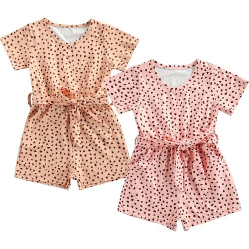 3M-3Years Baby Girls Summer Belted Rompers Short Sleeve V Neck Heart Print Jumpsuit Shorts