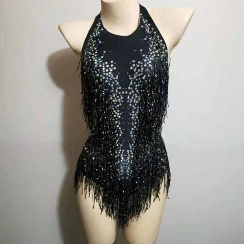 4 Colors Fringes Rhinestones Bodysuit Dance Costume Womens Performance Stretch Leotard Female Singer Dance Show clothing