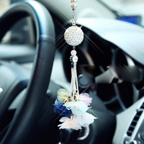 Creative Diamond Crystal Ball Car Rearview Mirror Pendant Color Flower Pendant Car Hanging Decoration Car Accessories for Girls