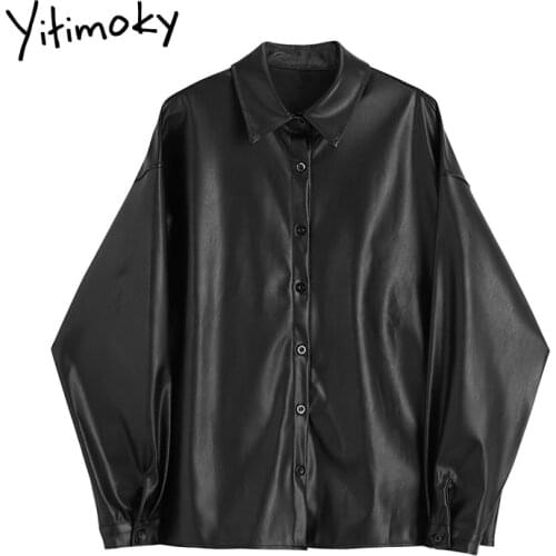 Yitimoky Black Faux Leather Jacket Women Coats Fall 2021 Winter Biker Vintage Zipper Trench Top Clothing Y2k PU Drop-shoulder
