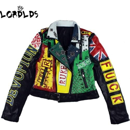 LORDLDS Print Leather Jacket Women 2019 New Spring Colorful Turn-down collar Punk Rock Cropped Jackets Ladies Outwear coats
