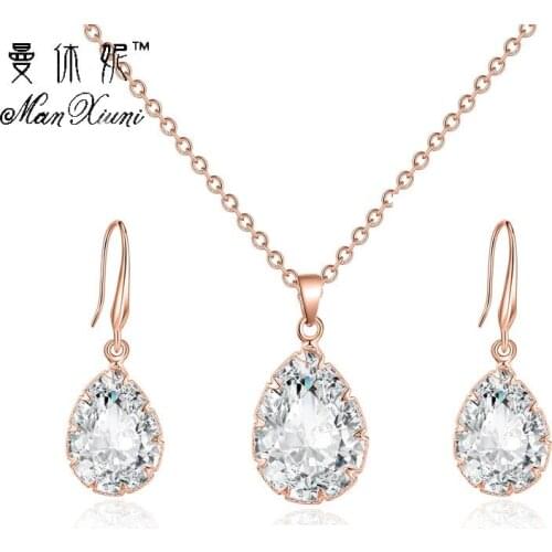 Manxiuni Jewelry Luxury Genuine Austrian Crystal Pendant Necklace Drop Earrings Set Silver Plated Bridal Jewelry Set For Women